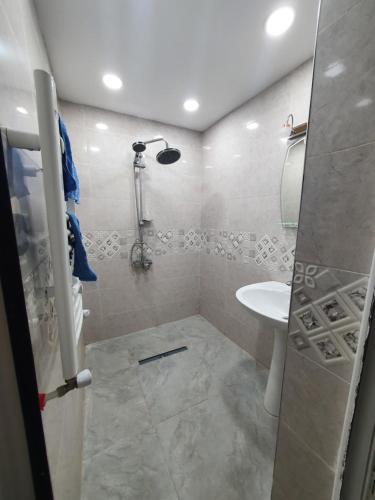 uma casa de banho com um chuveiro e um lavatório. em Marjanishvili16 53B em Tbilisi