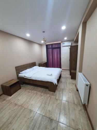 um quarto com uma cama e uma cortina roxa em Marjanishvili16 53B em Tbilisi