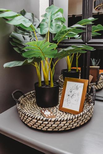 a basket with plants and a picture on a table at Villa La'Vie in Witbank