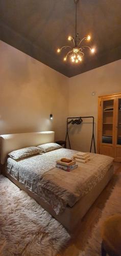 a bedroom with a bed and a chandelier at Curt da Beta - Casa vacanze con giardino, in Corte del XVIII secolo in Malnate