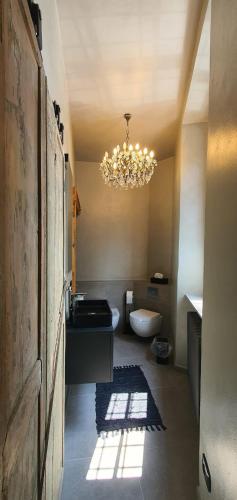 a bathroom with a chandelier and a sink and a toilet at Curt da Beta - Casa vacanze con giardino, in Corte del XVIII secolo in Malnate