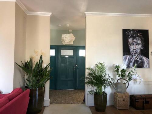a living room with a green door and potted plants at Villa et visite du vignoble organisée et Piscine in Nuits-Saint-Georges