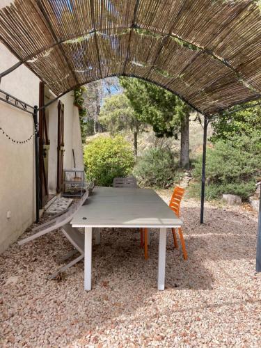 une table et des chaises sous un parasol en bois dans l'établissement Le refuge, à La Verdière