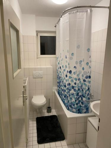 e bagno con doccia, servizi igienici e lavandino. di Schöne Wohnung in Mannheim a Mannheim