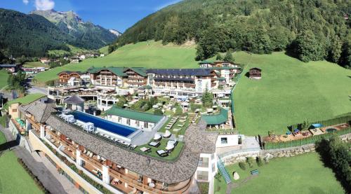 an aerial view of a resort in the mountains at Stock Resort in Finkenberg