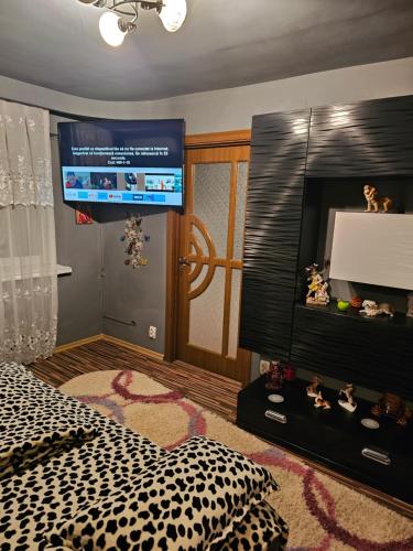 ein Schlafzimmer mit einem TV und einem Bett mit einem Gepard in der Unterkunft Cazare Bailesti in Băileşti