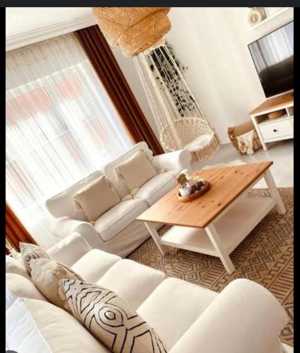 sala de estar con sofá blanco y mesa en diana apartman en Şekerpınarı