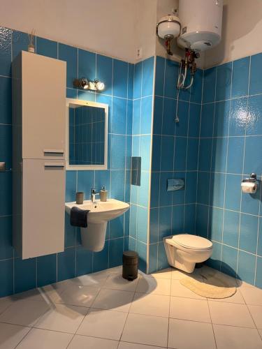 ein blau gefliestes Bad mit WC und Waschbecken in der Unterkunft Apartmány Rücon in Martin