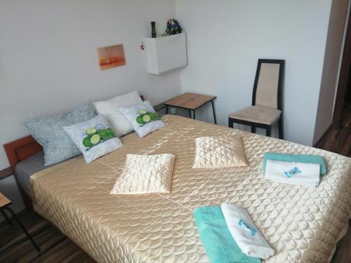 Un dormitorio con una cama grande con almohadas. en Parkowy Apartment, en Bydgoszcz