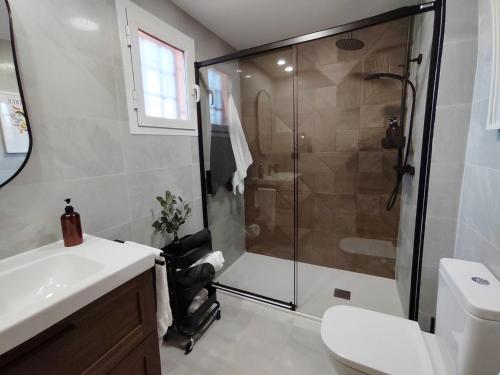 ein Bad mit einer Dusche, einem WC und einem Waschbecken in der Unterkunft VERALID Gran terraza, Wi Fi y AC en Puerto Rey in Vera