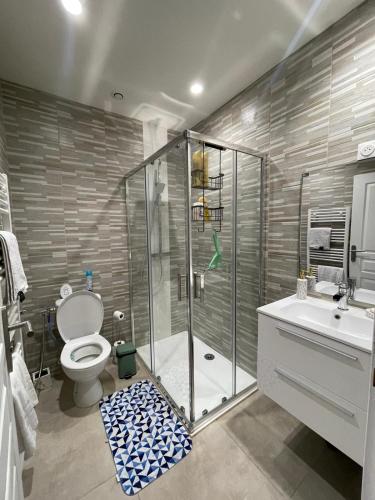 une salle de bain avec une douche, des toilettes et un lavabo dans l'établissement Au logis du circuit des 24h00, au Mans