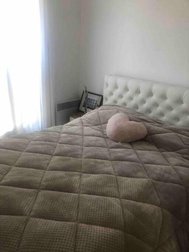 - un grand lit avec un oreiller en rose dans l'établissement La Grande Motte, centre-ville, plage à 150 mètre, à La Grande Motte