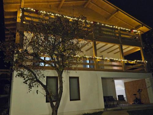 a house with a tree in front of it with lights at Casa Mara Viseu de Sus in Vişeu de Sus