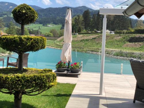 a patio with an umbrella and some plants and a pool at FERIENHAUS A&C DELUXE AM SEE in Spielberg