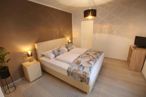 1 dormitorio con 1 cama y TV en una habitación en Zentrum Appartements Mörbisch en Mörbisch am See