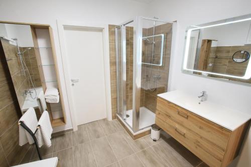uma casa de banho com um lavatório e um chuveiro em Zentrum Appartements Mörbisch em Mörbisch am See