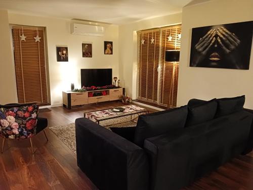 a living room with a black couch and a tv at APARTAMENT 80m2 z 70m2 tarasem -W PEŁNI WYPOSAŻONY - WYJATKOWE CENTRUM MIASTA in Włocławek