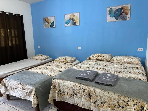 2 camas en una habitación con paredes azules en Encanto do Parque Hospedagem en Lençóis