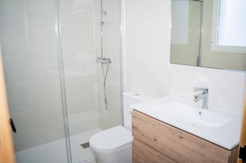 a bathroom with a shower and a sink and a toilet at Casa Nueva Caravaca in Caravaca de la Cruz