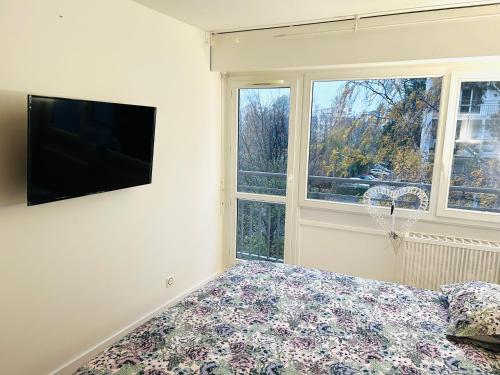 um quarto com uma cama e uma televisão de ecrã plano em 1-Chambre lumineuse (Paris-Orly) em Antony