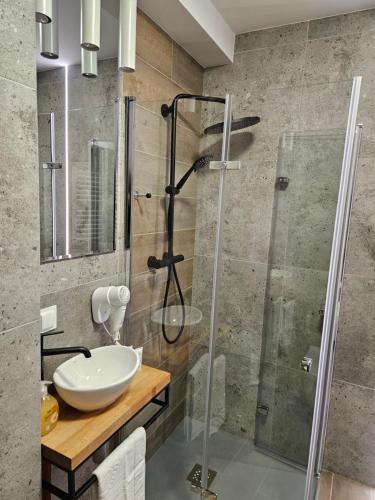 a bathroom with a sink and a glass shower at ApartHotel Centrum - parking free in Białystok