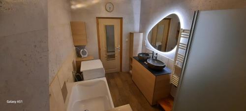 y baño con 2 aseos, lavamanos y espejo. en Le refuge aux Papillons, en Masevaux