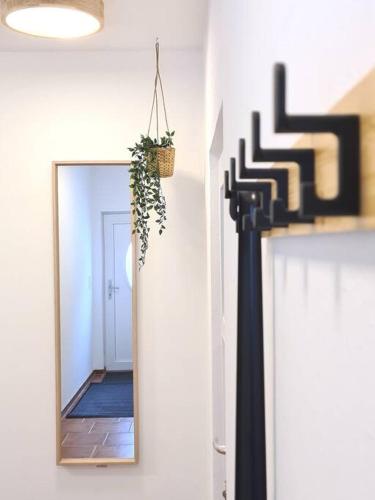 a mirror in a hallway with a potted plant at Familientraum auf 120 m2 in Rostock in Rostock