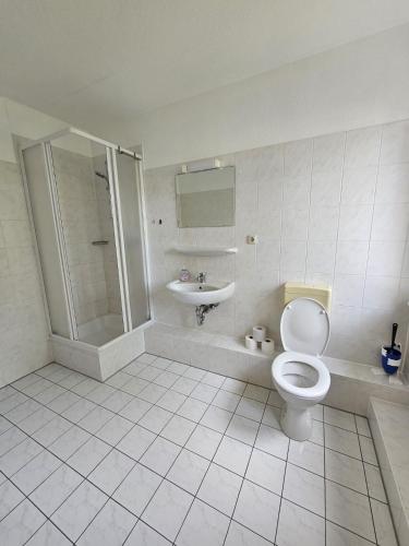 uma casa de banho com um WC e um lavatório em Privat Zimmer mit eigenem Bad em Rostock