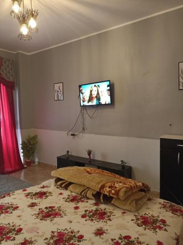 a bedroom with a bed with a tv on the wall at منتجع فلورانزا 50 in Hurghada