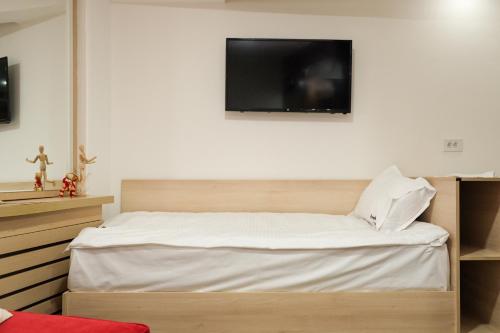 a bedroom with a bed with a tv on the wall at Apartments Pavle in Kopaonik
