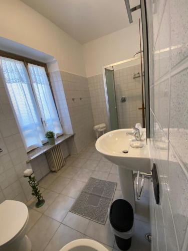 een badkamer met een wastafel, een douche en een toilet bij DOMUS Hotel in Caselle Torinese