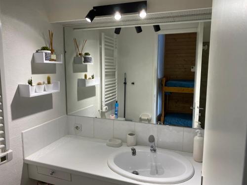 łazienka z umywalką i dużym lustrem w obiekcie Studio Puy Saint Vincent 1600 aux pieds des pistes w mieście Puy-Saint-Vincent