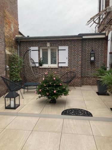 a small christmas tree sitting on a patio at Chez violette in Évreux