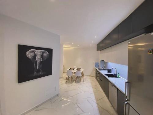 a kitchen with a picture of an elephant on the wall at Suncity Tirana Luxury Apartments (Ap. 01) in Tirana