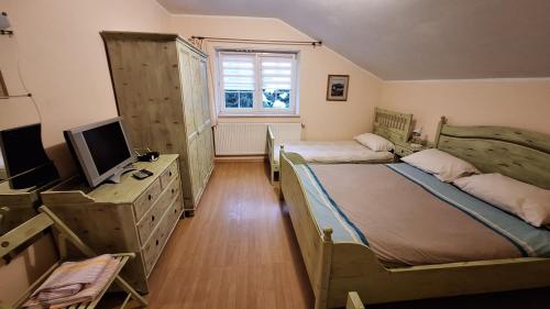 sypialnia z 2 łóżkami pojedynczymi i telewizorem w obiekcie AGAWA NOCLEGI w Tarnowie