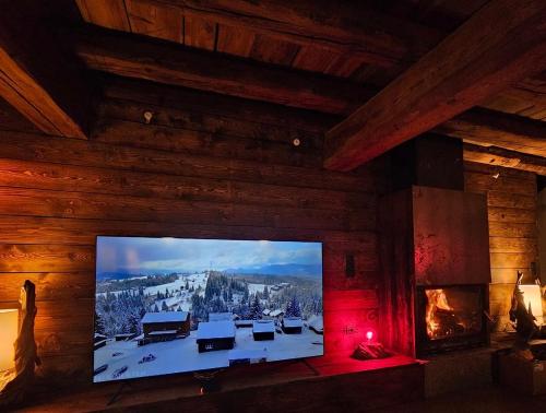 a large flat screen tv in a room with a fireplace at Lerefugedetiti in Buissard