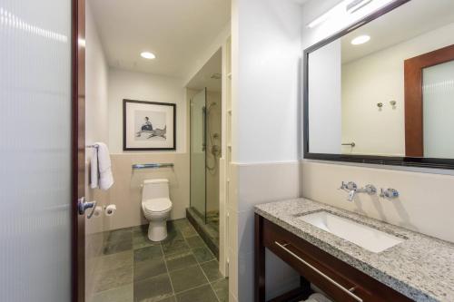 a bathroom with a toilet and a sink and a mirror at Marriott Vacation Club Pulse, New York City in New York