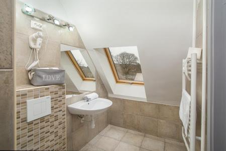 格德勒的住宿－Árnyas Panzió Gödöllő，一间带水槽和镜子的小浴室