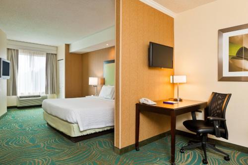a hotel room with a bed and a desk at SpringHill Suites Charlotte Lake Norman/Mooresville in Mooresville