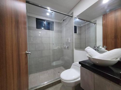 ein Bad mit einem WC, einem Waschbecken und einer Dusche in der Unterkunft Aparment comfort deluxe cajica in Cajicá