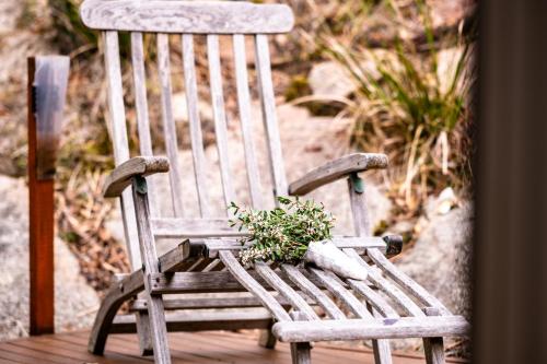 a wooden rocking chair with a plant in it at The Bolthole in Coles Bay