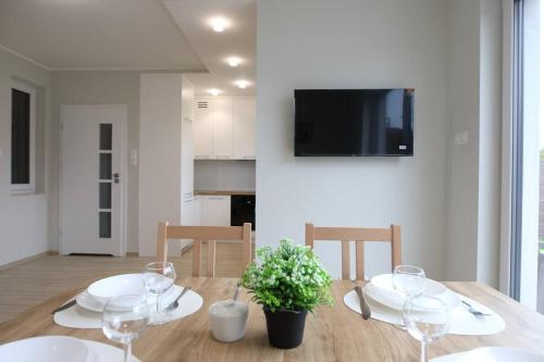 a dining room table with wine glasses and a potted plant at Apartament in Walerianowo in Walerianowo