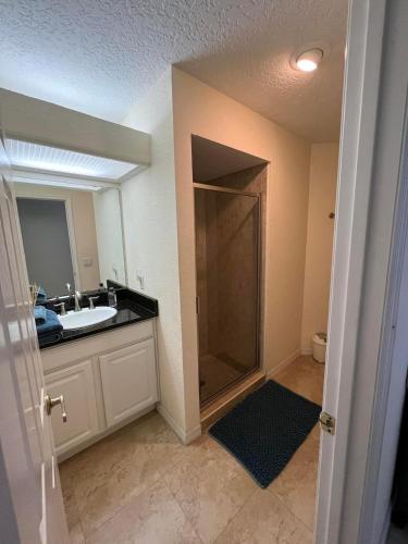 a bathroom with a shower and a sink at SWISS 24 - Lake Stephanie in Clermont