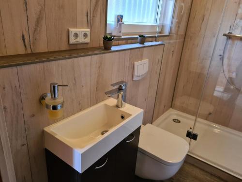 a bathroom with a sink and a toilet at Ferienhaus-Kaninchenhoehle in Haren