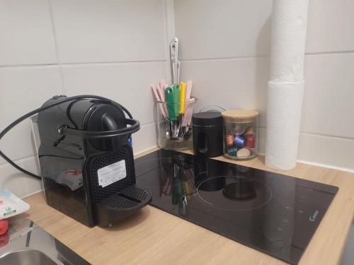 - une cafetière sur un comptoir à côté d'un évier dans l'établissement Charmant appartement près de Montmartre, à Paris