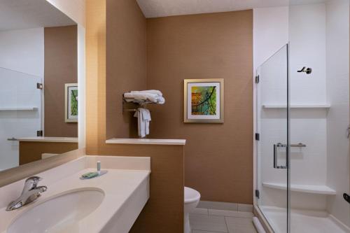 a bathroom with a sink and a shower at Fairfield Inn & Suites by Marriott Lincoln Airport in Lincoln