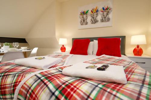 a bedroom with a large bed with red pillows at Matlock Studio 5 - Coventry in Coventry
