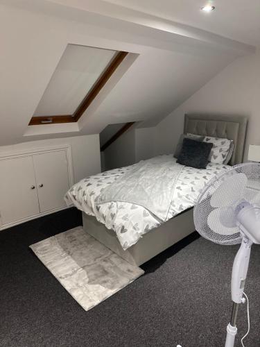 a bedroom with a bed and a ceiling with a window at Dunedin Heights in London