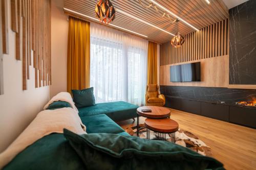 een woonkamer met een groene bank en een televisie bij Luxury Apartment 1984 in Bjelašnica