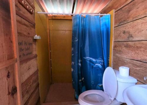 uma casa de banho com um WC e uma cortina de chuveiro azul em Cabañas sobre el mar en Guna Yala em Playón Chico